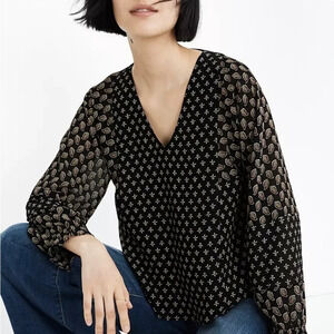Madewell Sheer Sleeve Brushstroke Paisley‎ Mix Media Top Blouse XXS